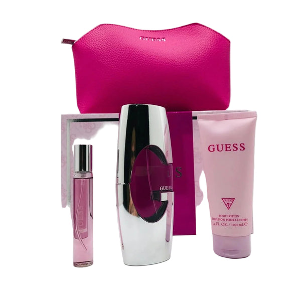 Guess Pink Gift Set for Women by Guess, EDP 75Ml + EDP 15Ml + Body Lotion 100Ml + Pouch - Fragmetics.com